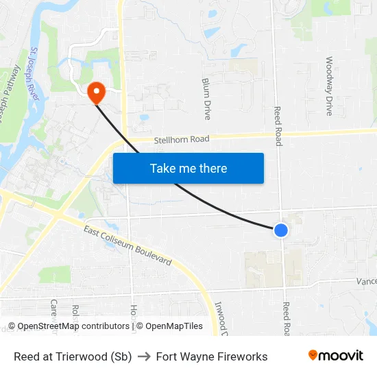 Reed at Trierwood (Sb) to Fort Wayne Fireworks map