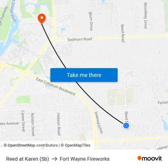 Reed at Karen (Sb) to Fort Wayne Fireworks map