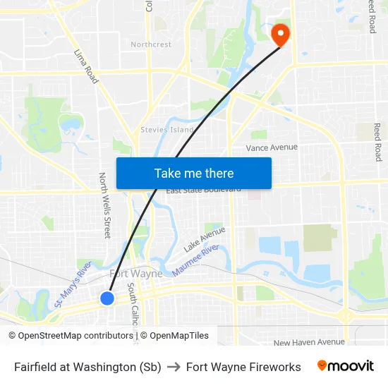 Fairfield at Washington (Sb) to Fort Wayne Fireworks map