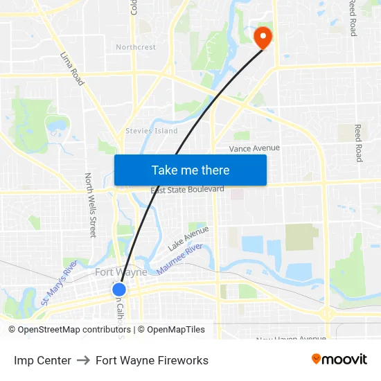Imp Center to Fort Wayne Fireworks map
