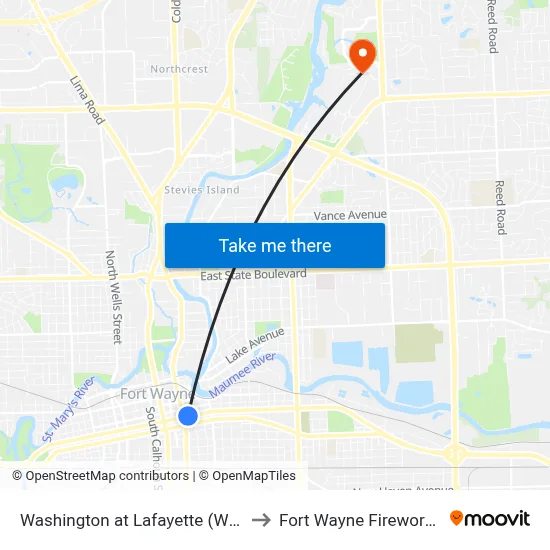 Washington at Lafayette (Wb) to Fort Wayne Fireworks map
