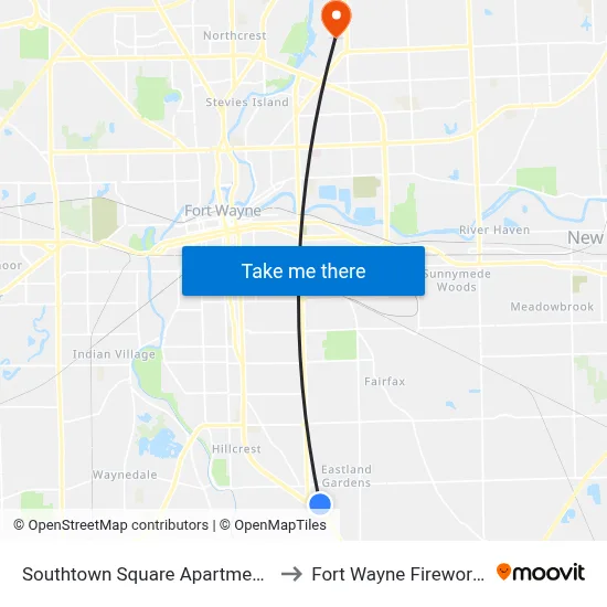 Southtown Square Apartments to Fort Wayne Fireworks map