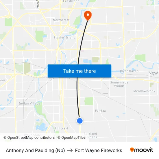 Anthony And Paulding (Nb) to Fort Wayne Fireworks map
