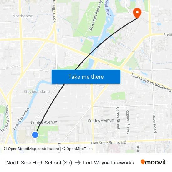 North Side High School (Sb) to Fort Wayne Fireworks map