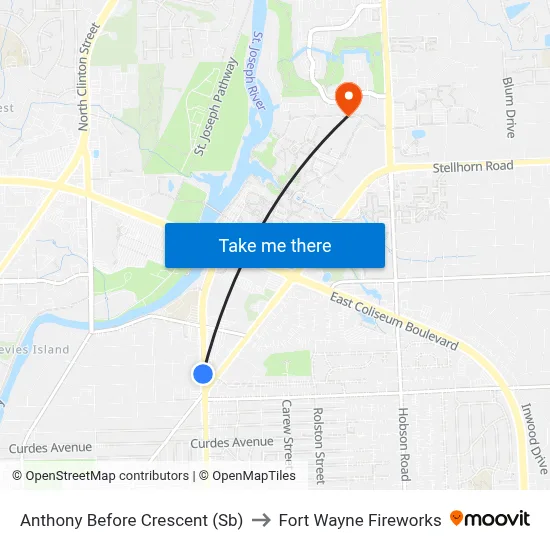 Anthony Before Crescent (Sb) to Fort Wayne Fireworks map