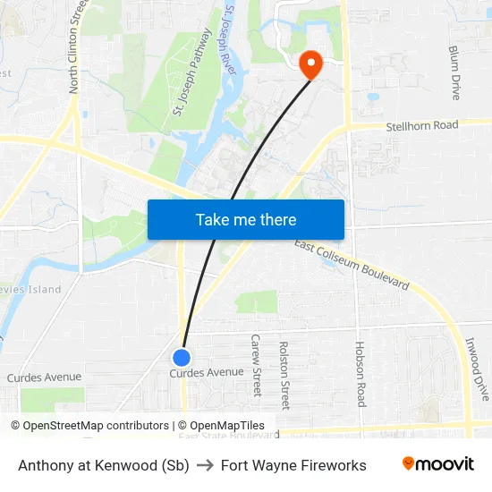 Anthony at Kenwood (Sb) to Fort Wayne Fireworks map