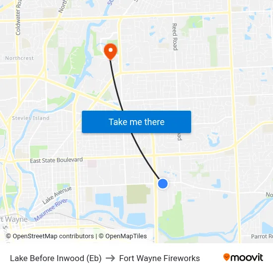 Lake Before Inwood (Eb) to Fort Wayne Fireworks map