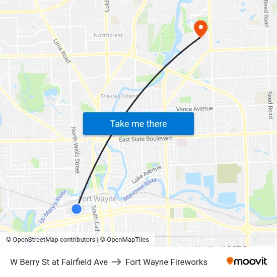 W Berry St at Fairfield Ave to Fort Wayne Fireworks map