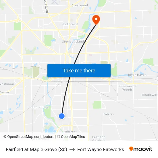 Fairfield at Maple Grove (Sb) to Fort Wayne Fireworks map