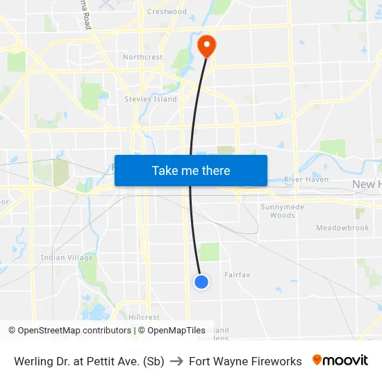 Werling Dr. at Pettit Ave. (Sb) to Fort Wayne Fireworks map