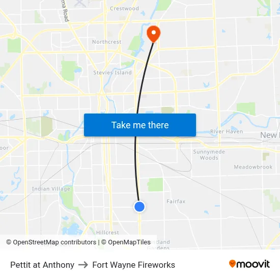 Pettit at Anthony to Fort Wayne Fireworks map