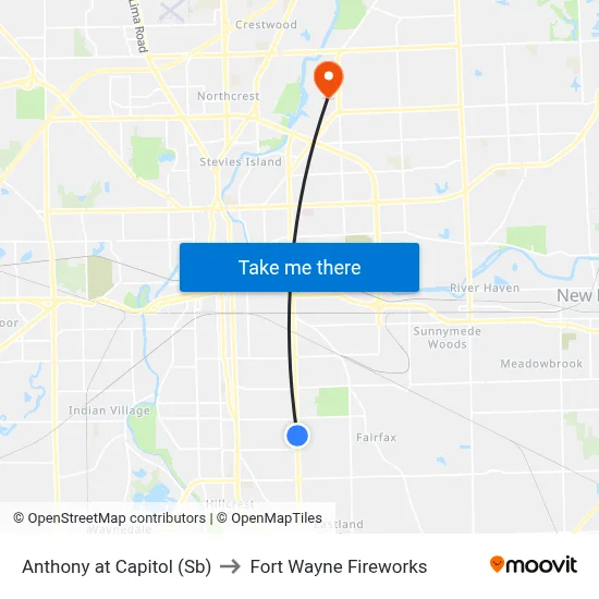 Anthony at Capitol (Sb) to Fort Wayne Fireworks map