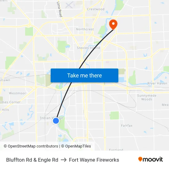 Bluffton Rd & Engle Rd to Fort Wayne Fireworks map