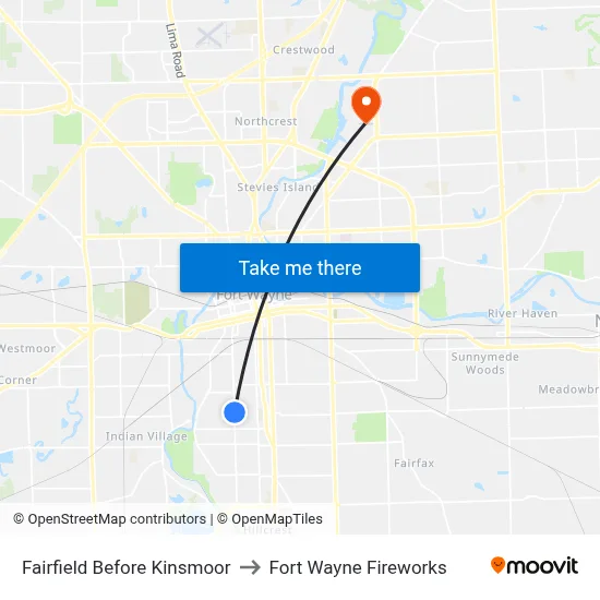 Fairfield Before Kinsmoor to Fort Wayne Fireworks map