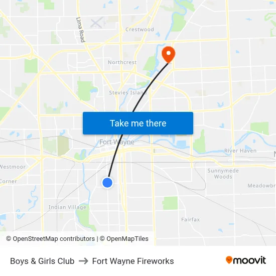 Boys & Girls Club to Fort Wayne Fireworks map