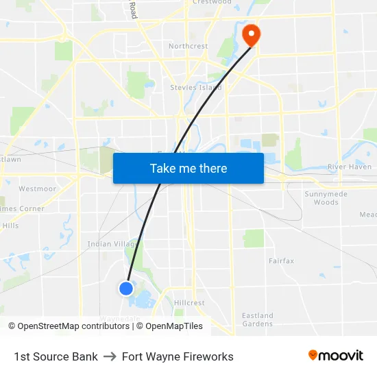 1st Source Bank to Fort Wayne Fireworks map