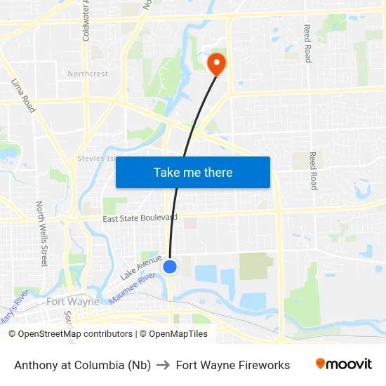 Anthony at Columbia (Nb) to Fort Wayne Fireworks map