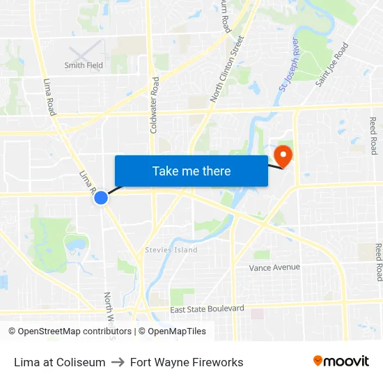 Lima at Coliseum to Fort Wayne Fireworks map