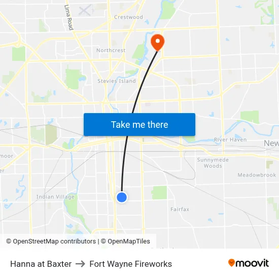 Hanna at Baxter to Fort Wayne Fireworks map