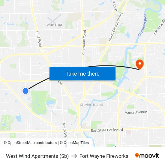 West Wind Apartments (Sb) to Fort Wayne Fireworks map