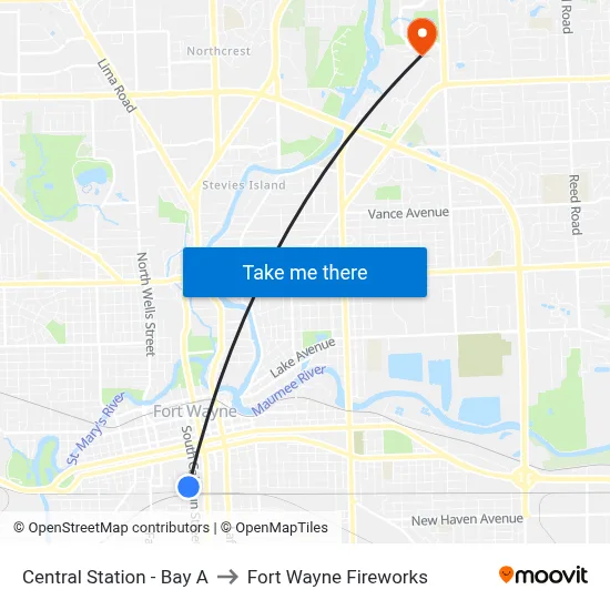 Central Station - Bay A to Fort Wayne Fireworks map
