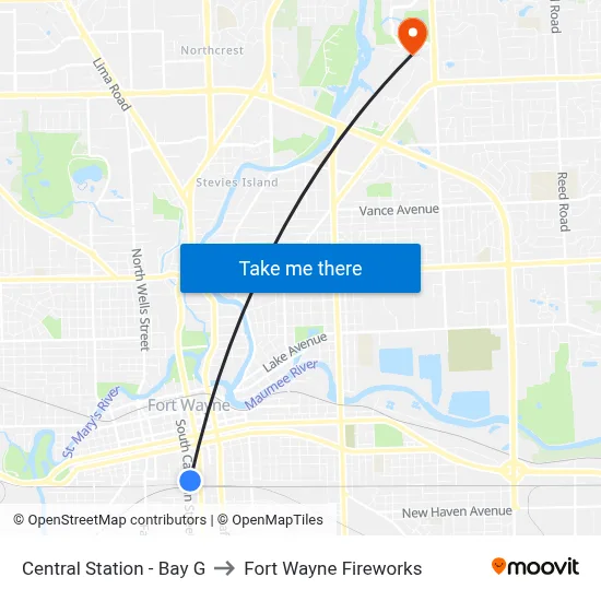 Central Station - Bay G to Fort Wayne Fireworks map