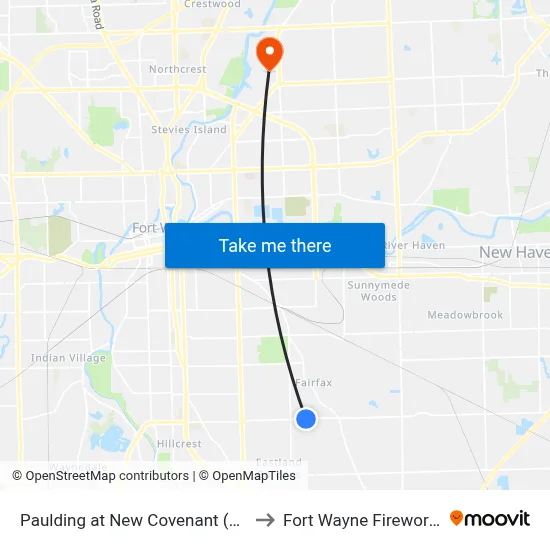 Paulding at New Covenant (Eb) to Fort Wayne Fireworks map