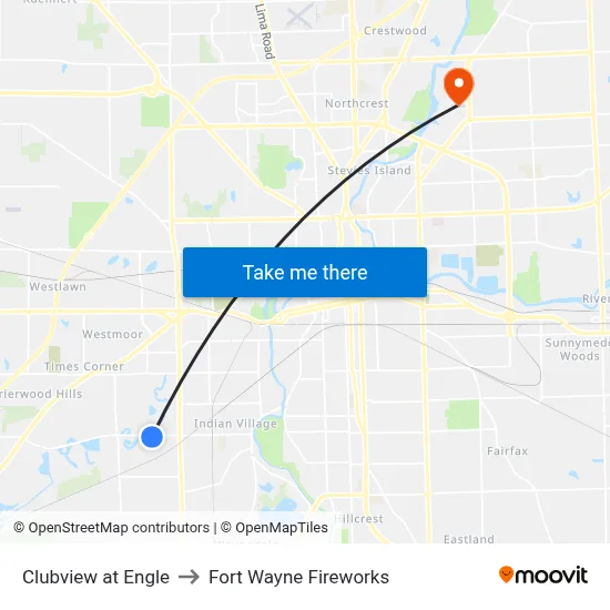 Clubview at Engle to Fort Wayne Fireworks map
