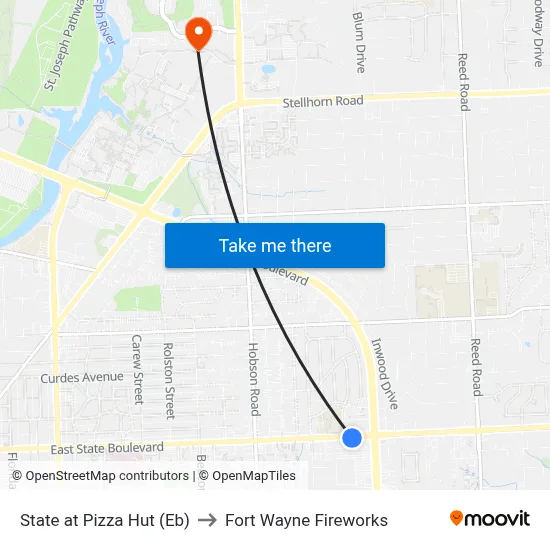 State at Pizza Hut (Eb) to Fort Wayne Fireworks map