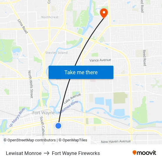 Lewisat Monroe to Fort Wayne Fireworks map