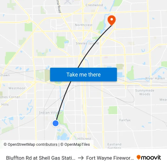 Bluffton Rd at Shell Gas Station to Fort Wayne Fireworks map