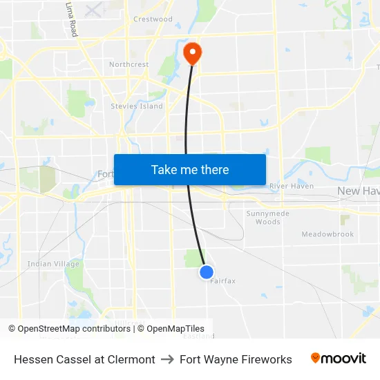 Hessen Cassel at Clermont to Fort Wayne Fireworks map