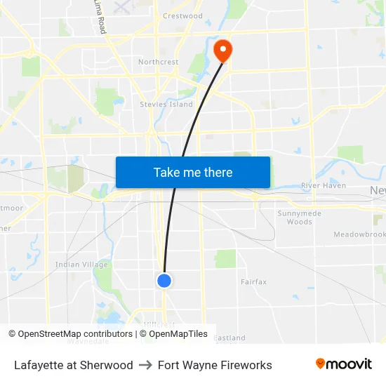 Lafayette at Sherwood to Fort Wayne Fireworks map