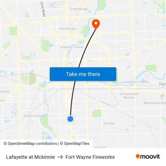 Lafayette at Mckinnie to Fort Wayne Fireworks map