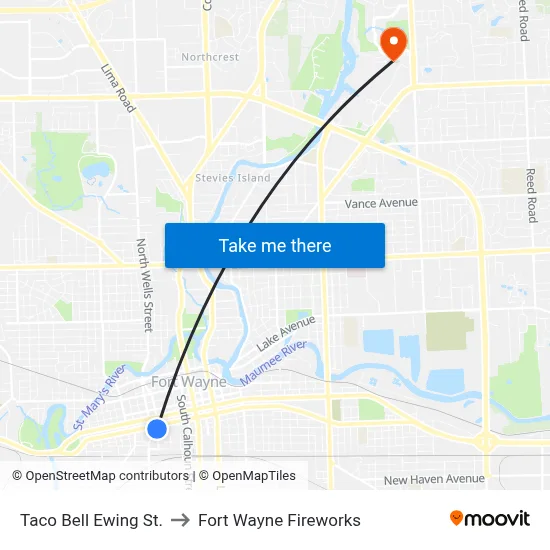 Taco Bell Ewing St. to Fort Wayne Fireworks map