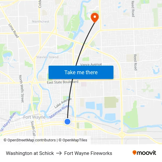 Washington at Schick to Fort Wayne Fireworks map