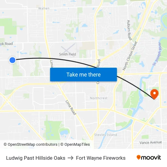 Ludwig Past Hillside Oaks to Fort Wayne Fireworks map