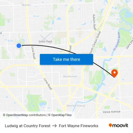Ludwig at Country Forest to Fort Wayne Fireworks map