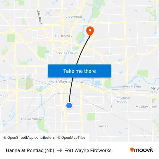 Hanna at Pontiac (Nb) to Fort Wayne Fireworks map