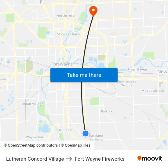 Lutheran Concord Village to Fort Wayne Fireworks map