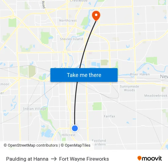 Paulding at Hanna to Fort Wayne Fireworks map