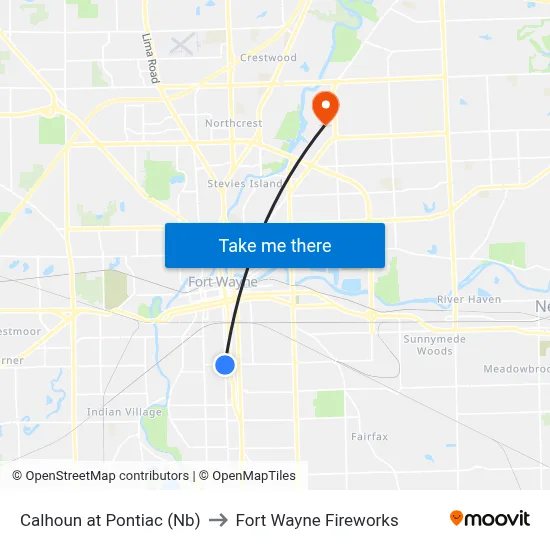 Calhoun at Pontiac (Nb) to Fort Wayne Fireworks map