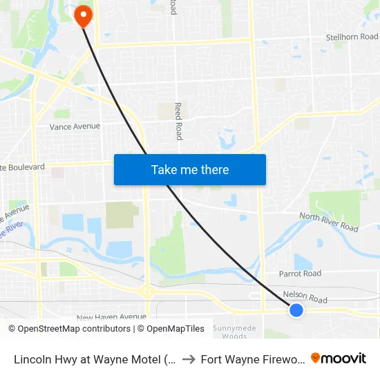 Lincoln Hwy at Wayne Motel (Wb) to Fort Wayne Fireworks map