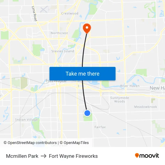 Mcmillen Park to Fort Wayne Fireworks map