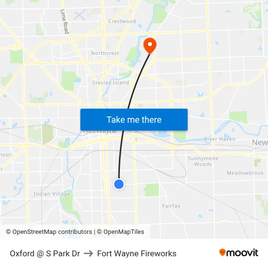 Oxford @ S Park Dr to Fort Wayne Fireworks map
