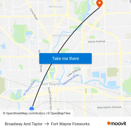 Broadway And Taylor to Fort Wayne Fireworks map