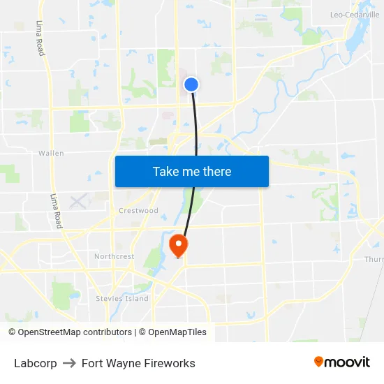 Labcorp to Fort Wayne Fireworks map