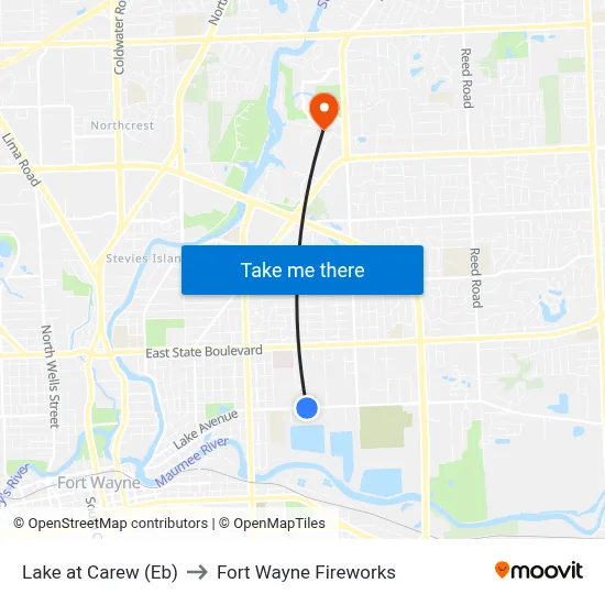 Lake at Carew (Eb) to Fort Wayne Fireworks map