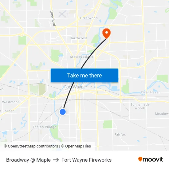 Broadway @ Maple to Fort Wayne Fireworks map