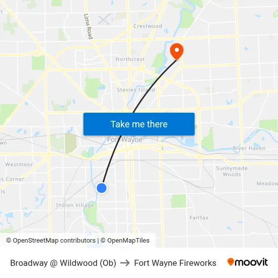 Broadway @ Wildwood (Ob) to Fort Wayne Fireworks map